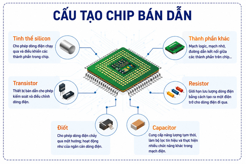 Bên trong chip bán dẫn là hệ thống transistor, mạch tích hợp và các lớp vật liệu siêu nhỏ. 