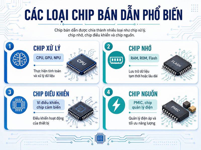 Chip bán dẫn được chia thành nhiều loại như chip xử lý, chip nhớ, chip điều khiển và chip nguồn. 