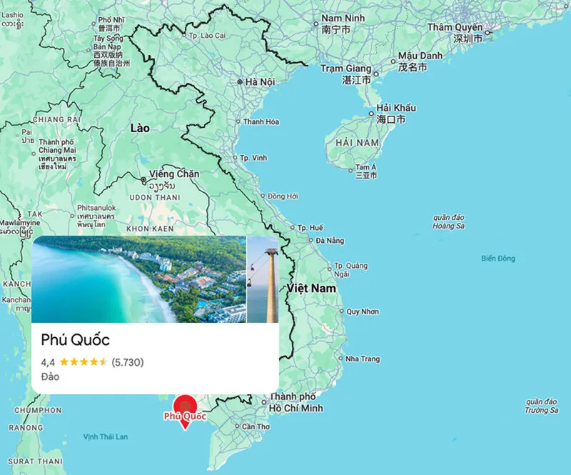 Phú Quốc nằm ở vùng biển Tây Nam Việt Nam, trong vịnh Thái Lan, nổi bật với vị trí thuận lợi cho du lịch biển đảo.