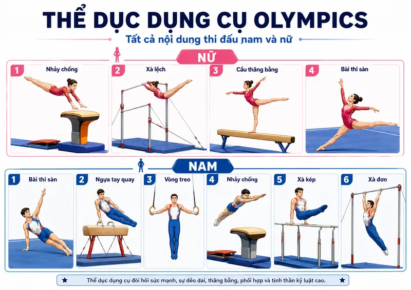 Thể dục dụng cụ Olympics gồm nhiều nội dung thi đấu khác nhau cho nam và nữ, mỗi dụng cụ yêu cầu kỹ thuật, sức mạnh và khả năng kiểm soát riêng.